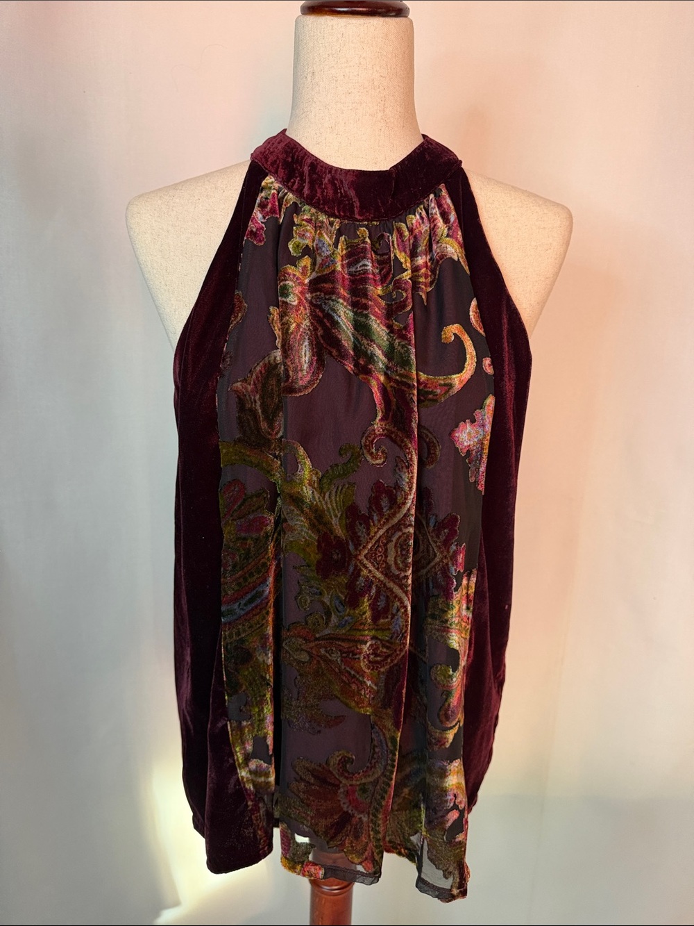 Velvet Burnout Paisley Halter Top Blouse Burgundy Multicolor